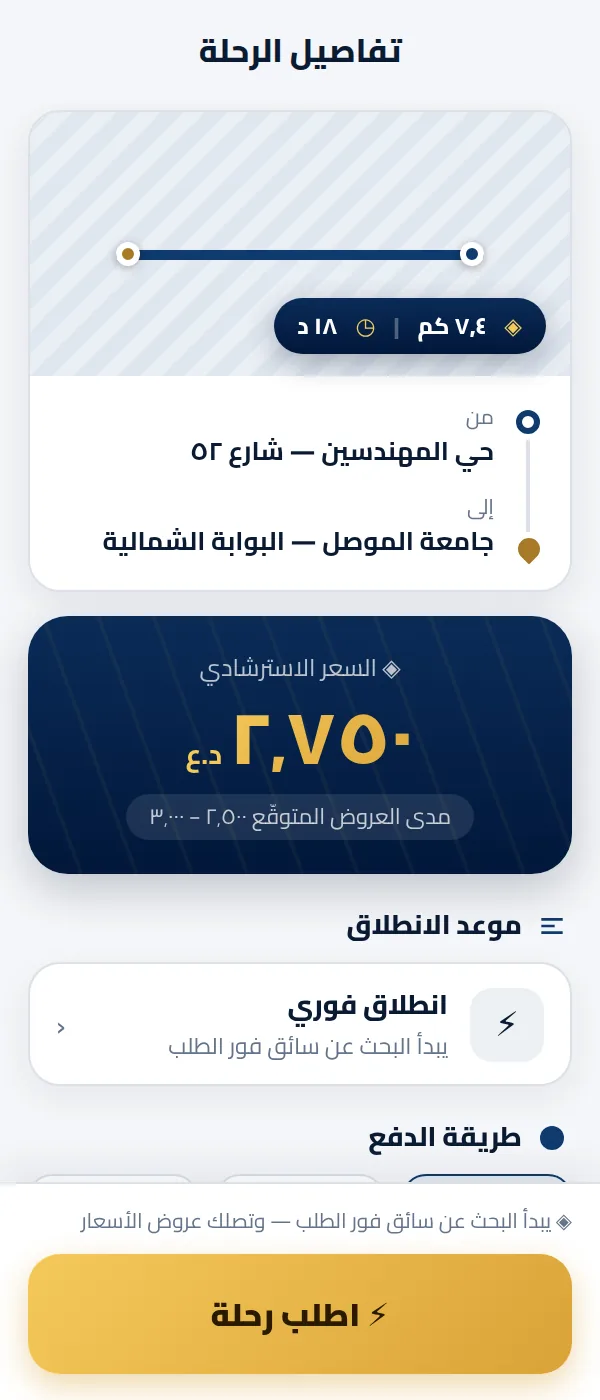 شاشة تفاصيل الرحلة للراكب: نقطة الانطلاق حي المهندسين والوجهة جامعة الموصل، المسافة ٧٫٤ كم في ١٨ دقيقة، والسعر الاسترشادي ٢٧٥٠ دينار بمدى متوقّع ٢٥٠٠–٣٠٠٠، وزرّ اطلب رحلة.